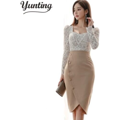 Women 2021 Autumn Work Wear 2 Pieces Set Korean Long Sleeve lace blouse & Sheath Pencil Skirt Casual Suit Skirt