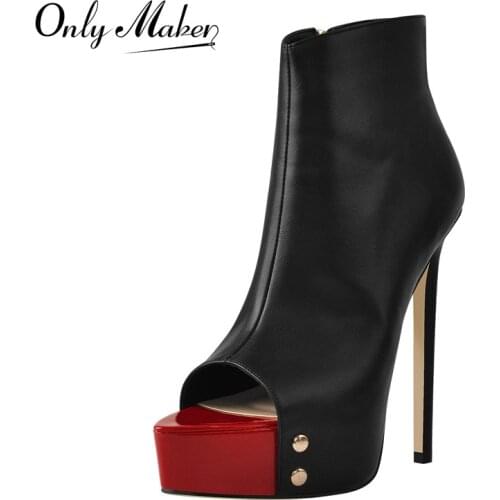 Onlymaker Women Platform Pointed Toe Ankle Boot Sandals Peep Toe Stiletto High Heels Matte Black Side Zipper Rivet Red Patchwork