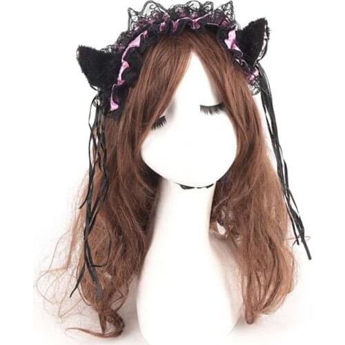 Women Girl Ruffles Lace Faux Silk Headband Cute Plush Cat Ear Ribbon Tassels Bell Decor Hair Hoop Lolita Anime Cosplay Headpiece