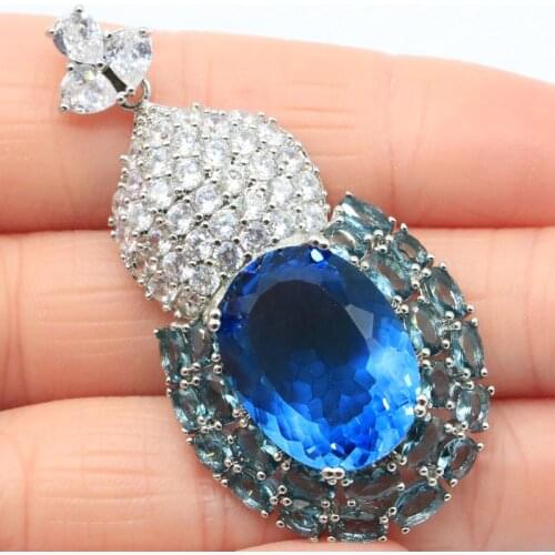 52x27mm Delicate Fine Cut Big 10g Created London Blue Topaz Rhodolite Garnet Cubic Zircon For Women Fine Jewelry Silver Pendant