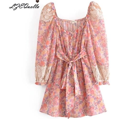 Pink Print Puff Sleeve Dress Summer Holiday Style V Neck Floral High Waist Ruffled Mini Party Dresses Women Boho Vestidos NZ3743
