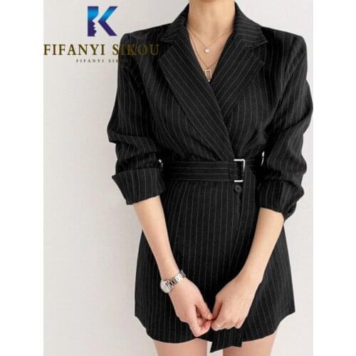 Black Striped Women Blazer Dress Fashion Lapel Long Sleeve High waist Mini Dress Elegant Office Lady Party Dress 2020 Autumn New