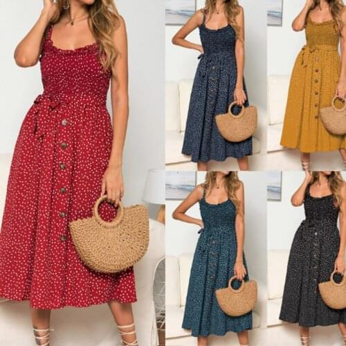 Leosoxs 2021 New Summer Womens Fashion Sexy Polka Dot Pit Bar Slash Neck Spaghetti Straps Lace Up Button Backless Empire Dress