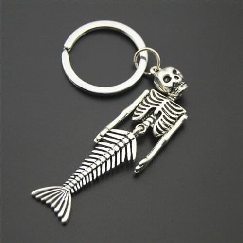 1pcs Antique Sliver Color Mermaid Skeleton Key Chains Skull Key Ring For Gift For Men Halloween Gift