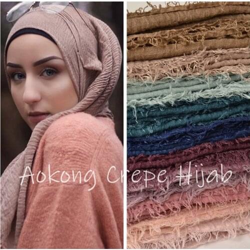 10pcs/Lot Women Maxi Crinkle Shawls Oversize Head Wraps Soft Long Muslim Frayed Crepe Premium Cotton Plain Hijab Scarf