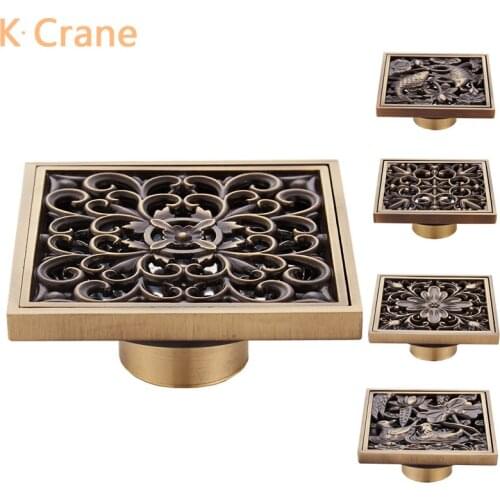 Bathroom Floor Drain Antique Gold Brass Drains Tile Insert Trap Cover Bath Shower Garage Grates Waste Water Square Stopper 10CM