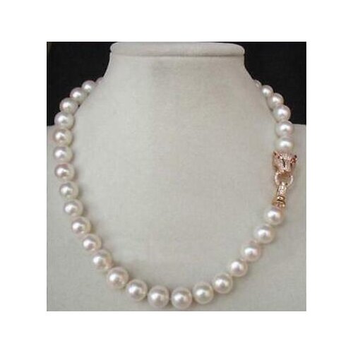 18" AA++ 10-9MM GENUINE WHITE AKOYA PEARL NECKLACE LEOPARD HEAD CLASP