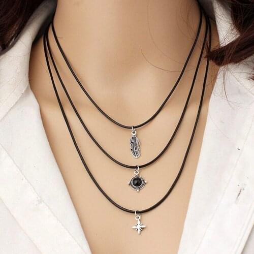 3 Pcs/lot 2017 New Arrive Retro Three Layer Fashion Black imitatied leather and Velvet Choker Necklaces For Women ras de cou 202