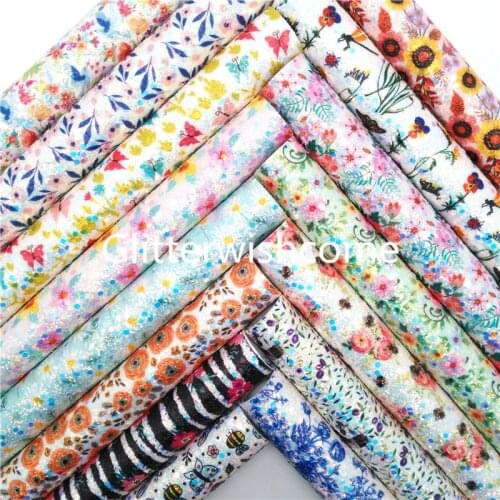 Glitterwishcome Flowers Stripes Bees Chunky Glitter Leather Fabric Sheets Felt Backing Synthetic Leather Bow DIY 21X29CM GM1027A