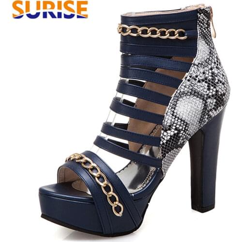 Big Size Women Gladiator Sandals Red Black Snakeskin High Chunky Heels Sexy Casual Party Rome Ladies Chain Zipper Platform Shoes