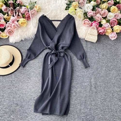 YornMona Brand Fashion 2020 Autumn Winter Knitted Women Dress Elegant V-neck Sash Bandage Midi Dress Ladies Split Sweater Dress