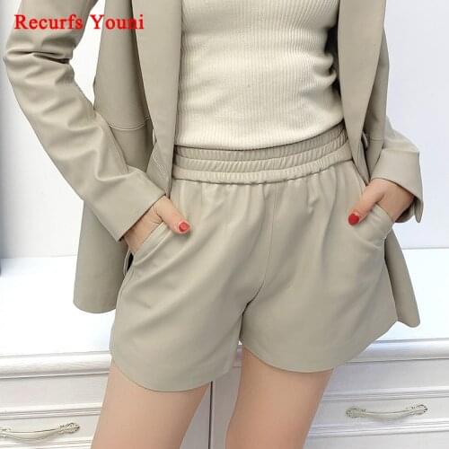 Women Genuine Leather Pants Feminial Lambskin Elastic Waist Versatile Thin Casual Suit Shorts Streetwear Mujer Grey Trousers