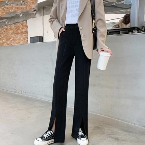 New Casual Split Drape Suit Pants Women Floor Length Loose All-Match Wide Leg Trousers Female OL Streetwear Harajuku High Waist