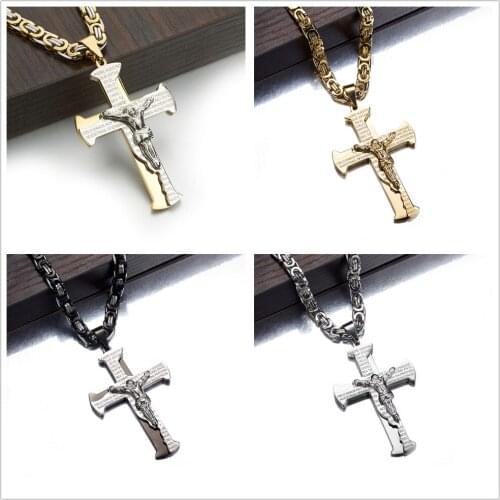 Goth Silver Gold Black 316L Stainless Steel Jesus Cross Pendant Necklace for Women Men Byzantine Chain around the Neck Kpop
