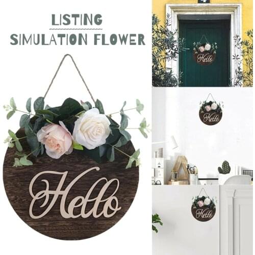 Wooden Hanging Sign Hello Flower Signs Flowers Garland Sign Bow Wreath Welcome Door Decor DIY Party Christmas Decoration 30Cm