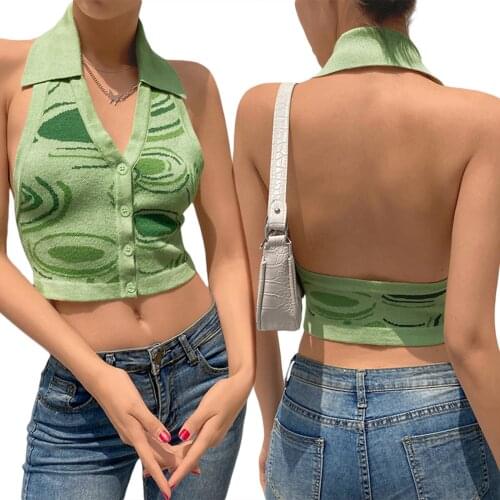 Women Halter Sleeveless Backless Cardigan Summer Sexy V-neck Exposed Navel Tank Top Slim Fit Knitted Button Down Camisole Vest