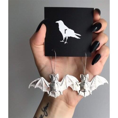 #F40GG Gothic Jewelry the Big Silvertone Bat Earrings for Women Witchy Goth Halloween Bat Hoop Earrings Hanging Bat Charm Grunge