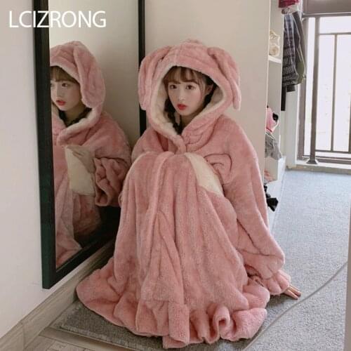 Winter Sweet Girl Cute Big Rabbit Ear Loose Bathrobe Women Fashion Warm Comfortable Midi Robe Long Sleeve Dressing Gown Female