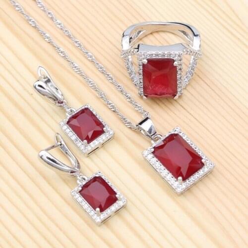 925 Silver Jewelry Sets For Women Wedding Accessories Red Square Stones White Crystal Silver Earrings Pendant Ring Necklace Set