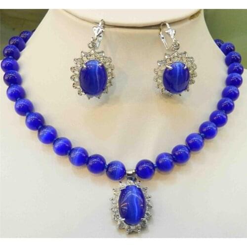 Blue Mexican Opal Round Beads Pendant Necklace Earring Set 18" ^^@^NEW style Fine jewe Noble Natural Natural FREE SHIPPING