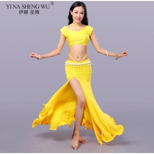 Women Sexy Belly Dance Performance Set or Dance Suit Costume Top/ Split Skirt Oriental Dance Dance Shiny Practice Clothes Suit