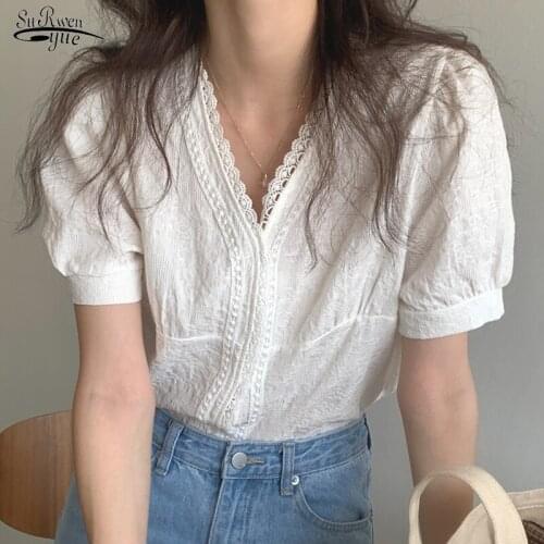 Fashion V-neck Loose Womens Blouse 2021 Summer Lace Casual White Shirts Blouses Tops Puff Sleeve Shirt Top Blusas Mujer 14825