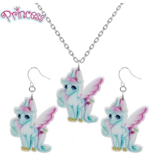 2019 Fashion Girls Kids Gift Jewelry Little Pegasus Unicorn Earring Pendant Short Chain Necklace Free Shipping Xma Gift KS145
