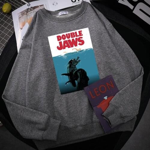 Double Jaws Monster Horror Prints Clothing Sweatshirt Man Harajuku Loose Clothes O-Neck Pullover Menswear Fleece Fleece Pullover