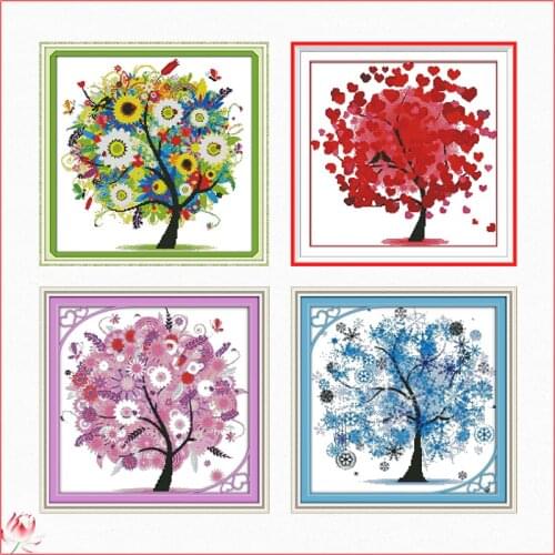 Joy Sunday Happy Tree Cross Stitch Kit DIY Pattern Scenery Embroidery 11CT 14CT Needlework Sewing Kit Home Decoration Crafts