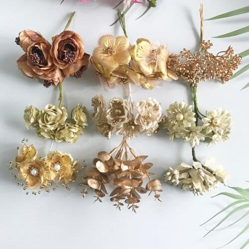 6/10/12/20/24/200pcs Gold Mixed Hybrid Flower Cherry Stamen Berries Bundle DIY Cake Christmas Wedding Gift Box Wreaths Decor