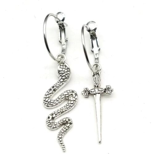 New Design!the Snake & Dagger Earrings Hoop Pagan Gothic Hoops Earrings Snake and Dagger Earrings , Asymmetrical Earrings Gift