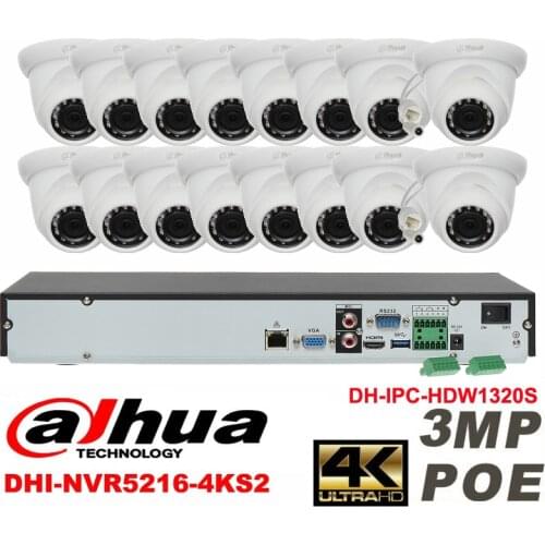 Dahua original 16CH 3MP H2.64 DH-IPC-HDW1320S 16pcs Network camera POE DAHUA DHI-NVR5216-4KS2 Dome CCTV IP security camera kit