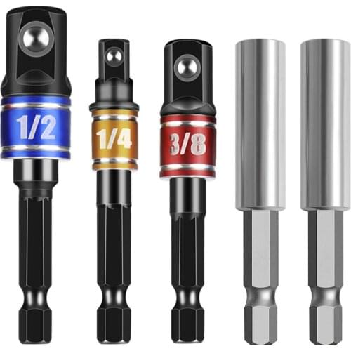 Shank Drill Socket Adapter for Impact Driver with Hex Shank to Square Socket Drill Bits Bar Extension Set 1/4" 3/8" 1/2" Bit Set