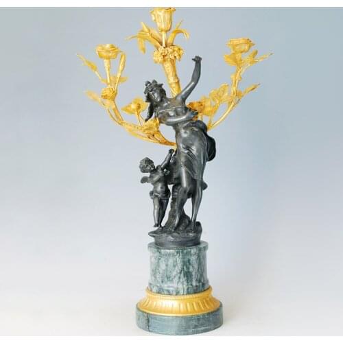 Gold Plated Bronze Mother & Angel Boy Candlestick Candleholder Statue Sculpture Art Gorgeous Home Decoration