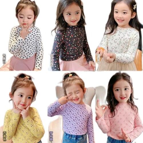 Girls floral bottoming shirt spring and autumn baby new style high stretch top modal round neck long-sleeved T-shirt P4634