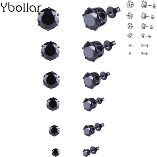 6 Pairs/set Round Stud Earrings For Women Girls Black Zircon Crystal Piercing Earrings Jewelry 3/4/5/6/7/8mm