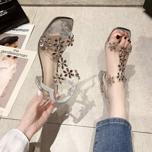 Rhinestone Sandals 2021 New Female Crystal Thick Heel Fashion Mid-heel Fairy Style Transparent High-heeled Womens Shoes
