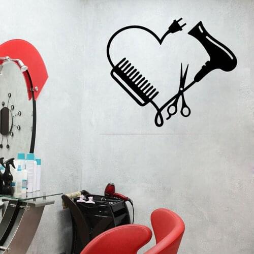 Hair Salon Window Decor Hair Dryer Wall Decals Scissors Comb Vinyl Wall Stickers Love Heart Pattern Beauty Salon Wall Art Decal