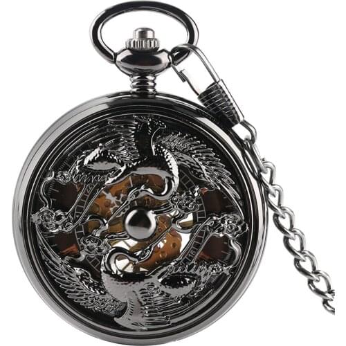 Vintage Black Dragon Mechanical Hand Winding Pocket Watch Roman Numerals Dial Retro Pendant Manual Mechanism Antique Clock