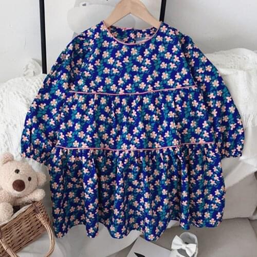1-7 Years Girls Dresses Blue Flora Casual Costume Baby Kids Girl Korean Cute Princess Dresses Toddler 2020 Children Clothing