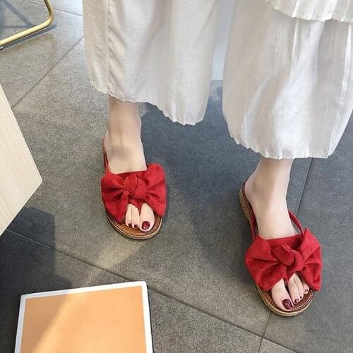 Women Slides Summer Slippers Bow Summer Sandals Slipper Indoor Outdoor Linen Flip-flops Beach Female Floral Shoes