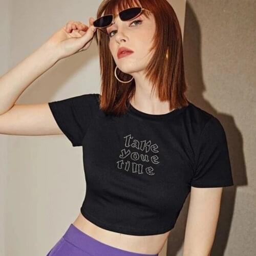 Y2K Punk Vintage letter Rhinestone woman T-shirts Mall Short Sleeve Crop Top E-girl Aesthetics Tees Harajuku футболка женский