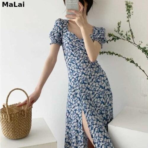 Women French Sweet Sexy Split Short Sleeve Dresses 2021 Elegant Vintage Floral Midi Dress Holiday Romantic Beach Summer Dresses