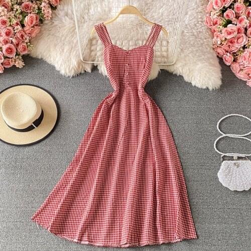 2021 summer new style plaid sling dress female Korean version high waist thin a-line mid-length skirt