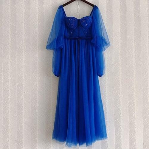 Fashion Runway 2021 Autumn Dress Women Blue Red Beading Crystal Lantern Sleeve Gorgeous Party Dresses