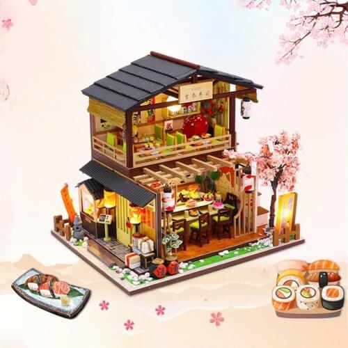 1Set Dollhouse with LED Bulb DIY Creation Wooded Japanese Sushi Restaurant Dollhouse for Kid Home Decor Valentines Day Gift