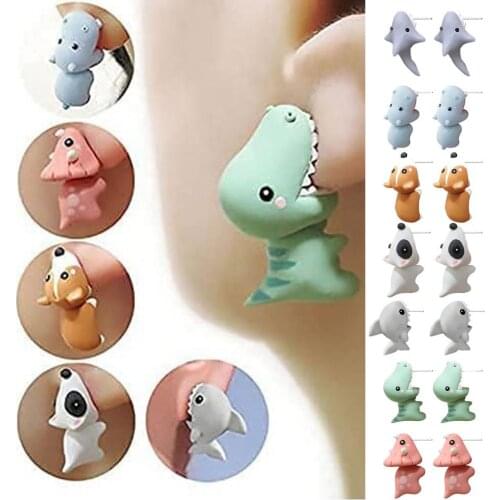 1 Pair Animal Biting Earrings Metal Cute Cartoon Dinosaur Shark Bite Ear Stud Mini Jewelry Party Holiday Funny Cosplay Fun Gift