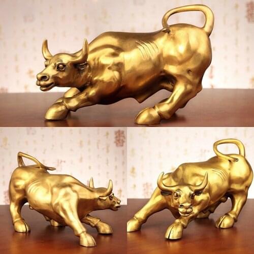 100% Brass Bull Wall Street Cattle Sculpture Copper Cow Statue Mascot Exquisite Crafts Ornament Office Decoration Business Gift