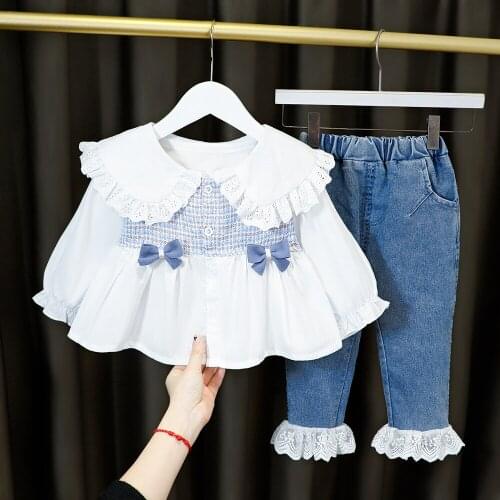 Long Sleeves Clothing Girls Set Dress Fashion Lotus Leaf Collar Shirt + Jeans 2 PCS/Set Children Costume for 1 2 3 4 Years Party