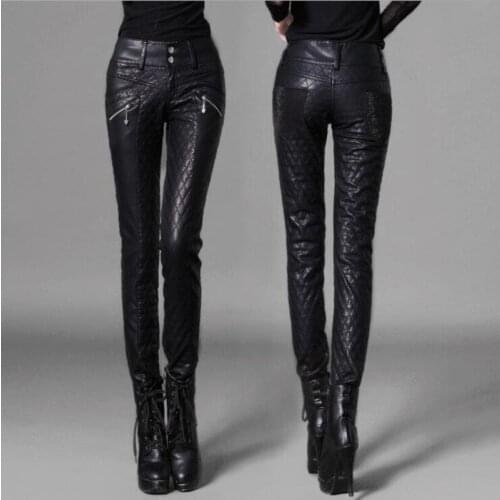 2020 Women Fashion Leather Pants Motorcycle Skinny High Waist Pencil Pants Plus Cotton Thickening Female Singer Trousers
